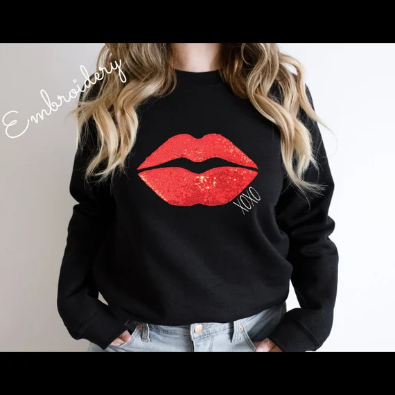 Embroidered Applique Kiss Design Sweatshirt Valentines Day | Etsy | Etsy (US)
