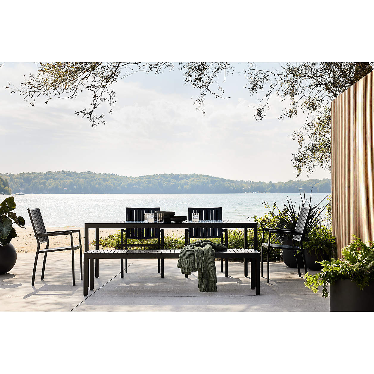 Alfresco 74" Black Outdoor Dining Bench + Reviews | Crate & Barrel | Crate & Barrel