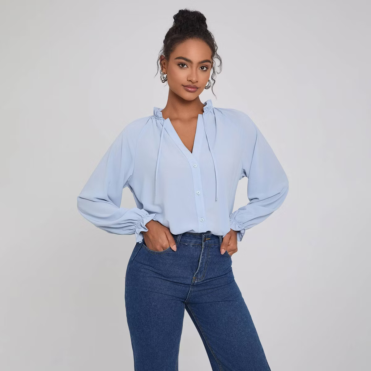 Women's Ruched Neck Raglan Long Sleeve Button Closure Blouse - A New Day™ | Target