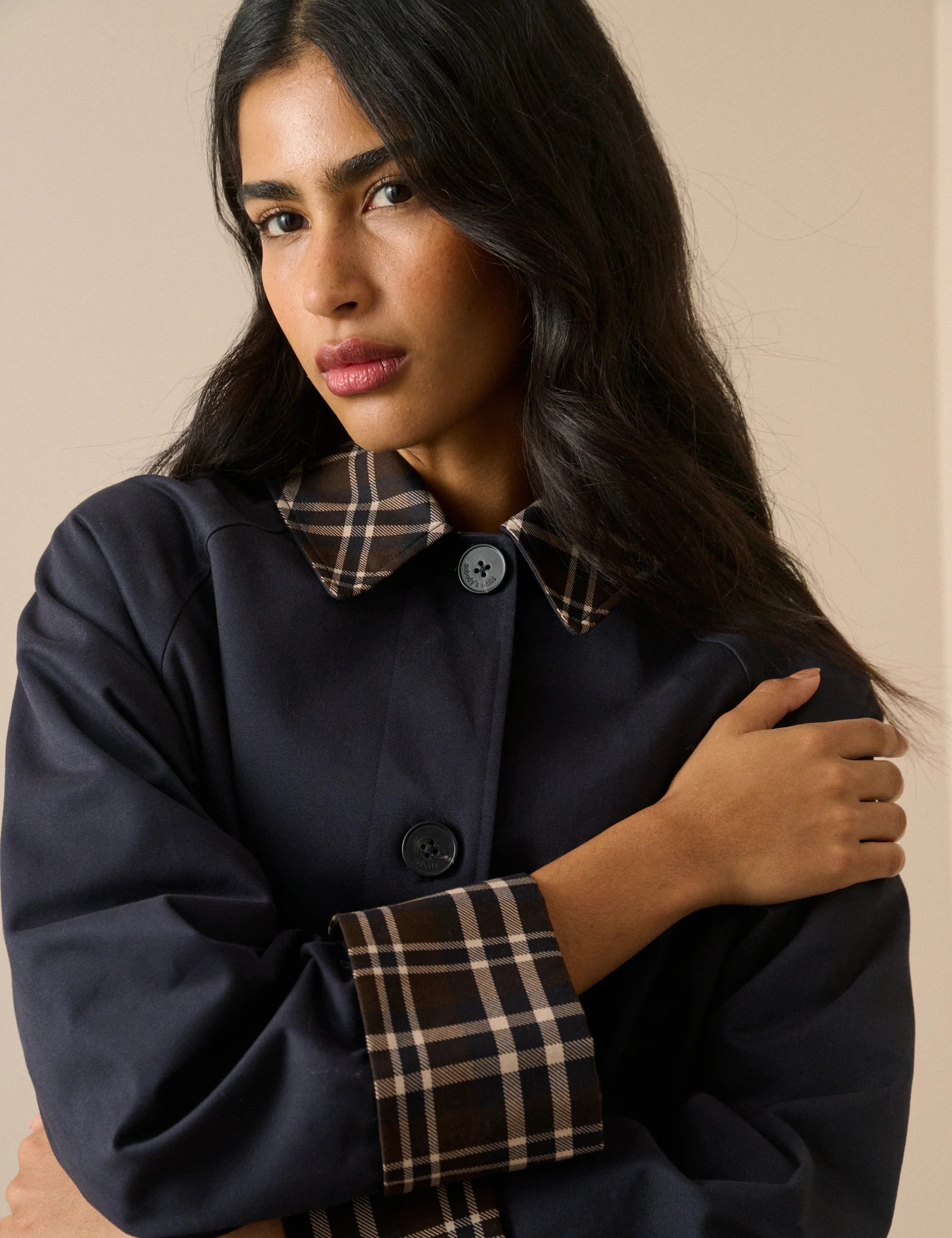 Navy Collared Tartan Trim Car Coat | Nobody's Child
