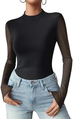 Zeagoo Womens Floral Mesh Long Sleeve Tops See Through Going Out Blouses Mock Neck Sheer Party Ou... | Amazon (US)