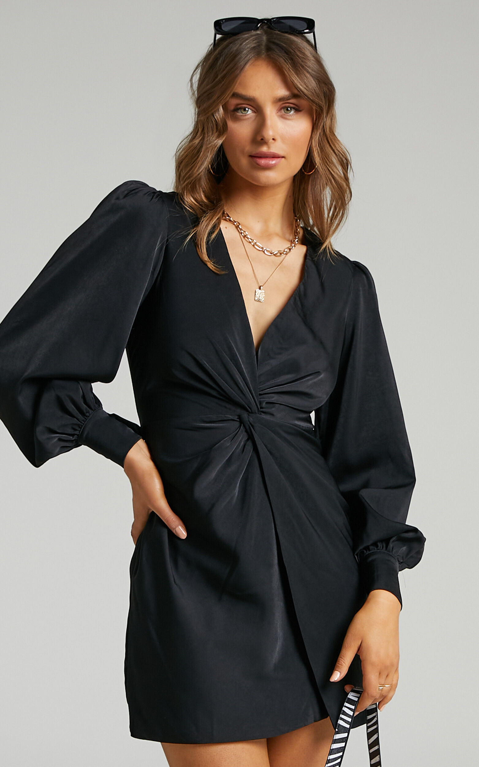 Billie Twist Front Mini Dress with Long Puff Sleeves in Black | Showpo (US, UK & Europe)