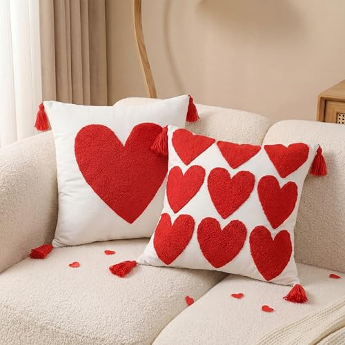 FuWeave 2 Pcs Valentines Day Heart Pillow Covers 18x18 Inch Embroidered Red Heart Cushion Covers Plush Faux Fur Tasseled Cushion Cases Valentines Day Decor for Home Bedroom Couch Sofa Indoor Gift | Amazon (US)