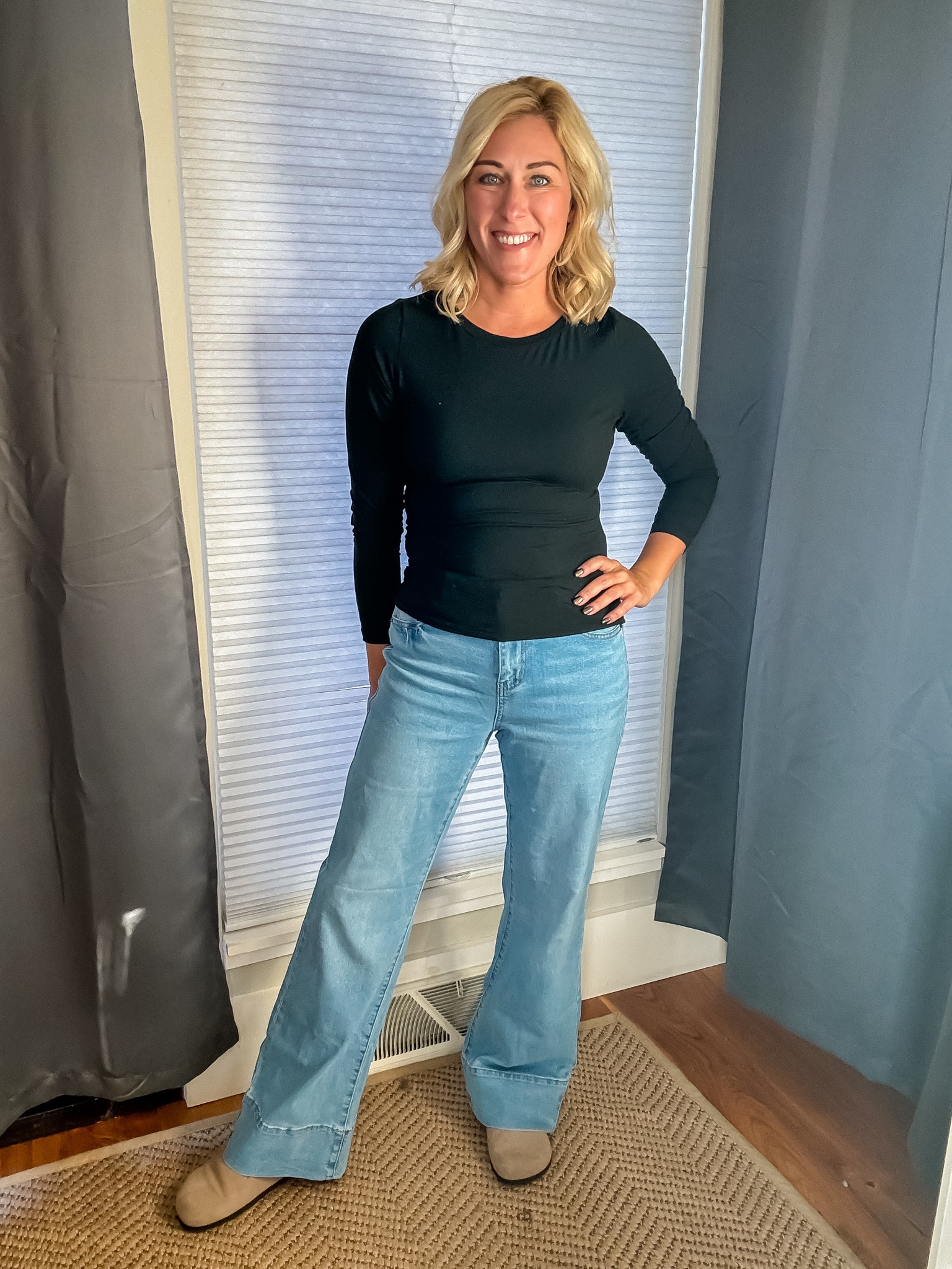 Everything about the flare jeans is awesome! I’m really loving the wide hemline and the flattering fit.