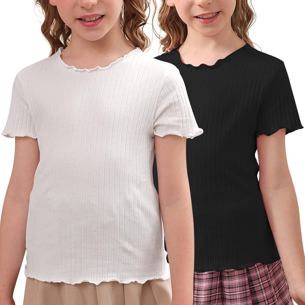 GORLYA 2 Pack Girls Lettuce Trim Basic Solid Tee Shirts Ribbed Knit Casual Blouse Tops for 4-14T | Amazon (US)