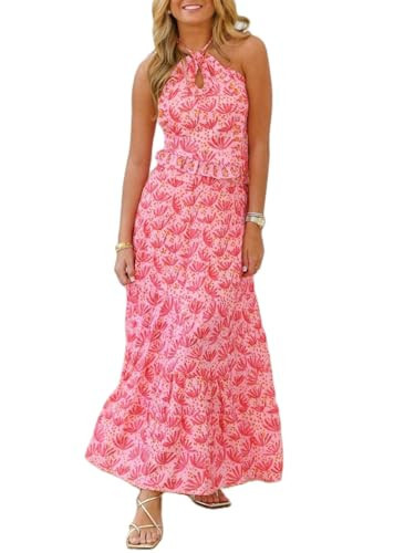 Women Y2k Ruffle Skirt Set Boho Floral Print Halter Tank Top Flowy Maxi Skirt Outfit Going Out Streetwear(A Pink,s) | Amazon (US)