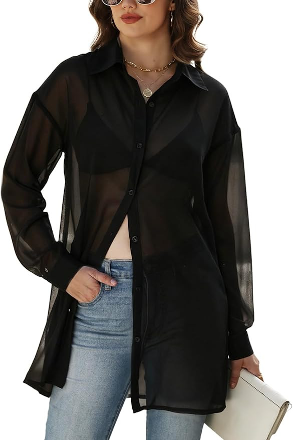 Gihuo Sheer Tops for Women See Through Button Up Blouse Sexy Mesh Shirt | Mid Long Length, Long S... | Amazon (US)