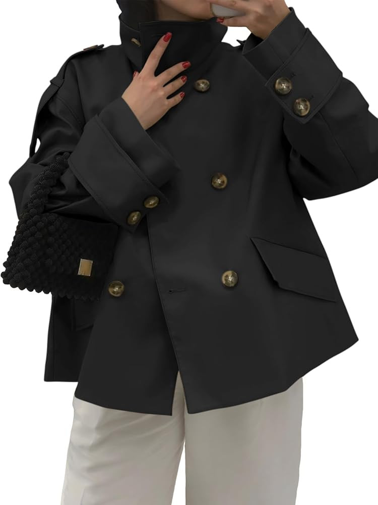 Tankaneo Womens Short Trench Coat Oversized Double Breasted Stand Collar Cropped Jacket Fall Casu... | Amazon (US)