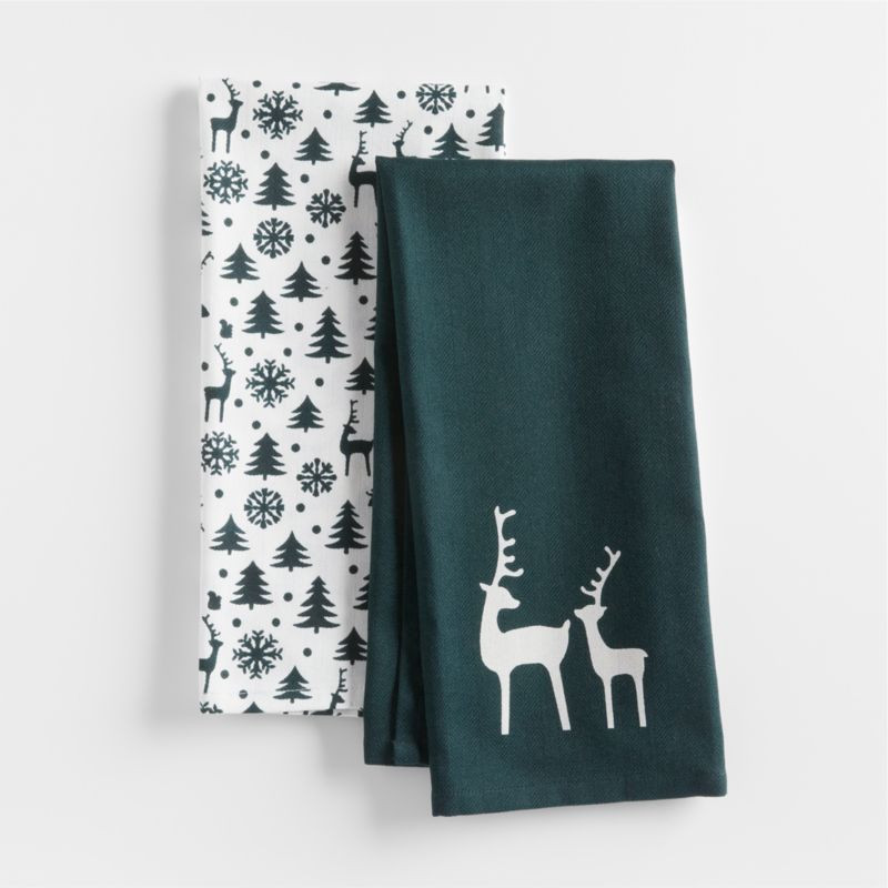 Winter Reindeer Green Organic Cotton Dish Towels, Set of 2 + Reviews | Crate & Barrel | Crate & Barrel