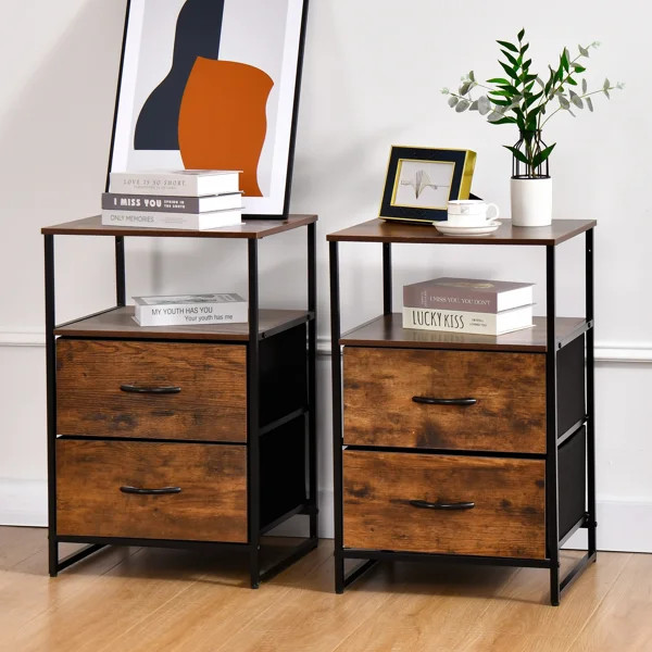 Kindall Industrial Rustic End Table Nightstand With Two Drawers And Open Shelf | Wayfair North America