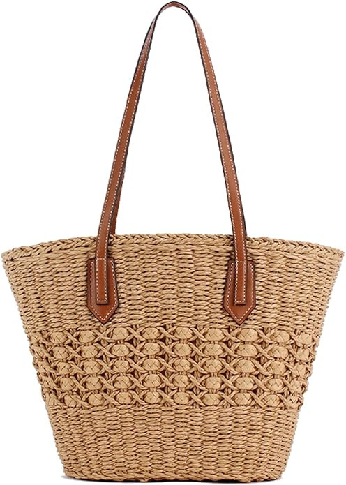 Large Straw Shoulder Bag Women Woven Tote Travel Bag Top Handle Summer Beach Handbag Purse | Amazon (US)