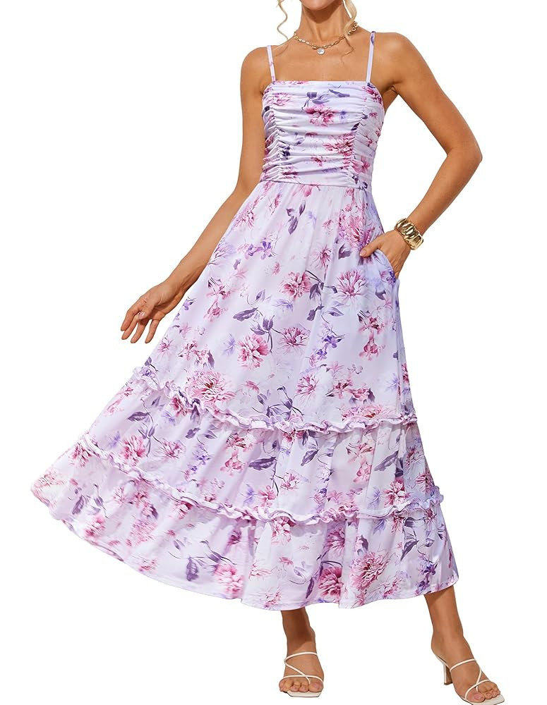 GRACE KARIN 2025 Women's Summer Floral Maxi Dress Casual Sleeveless Ruffle Tiered Wedding Guest F... | Amazon (US)