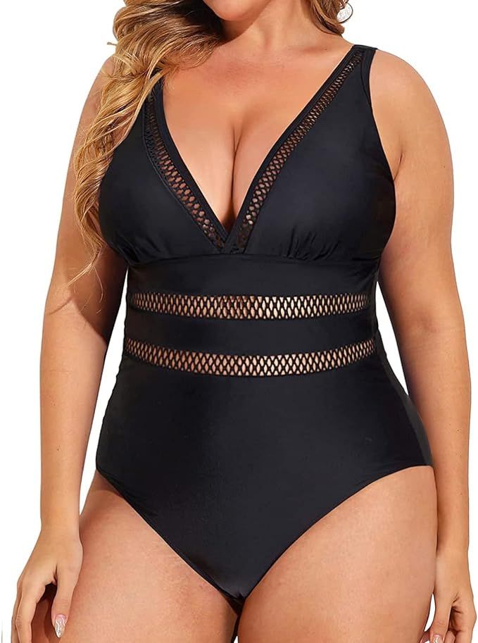 Daci Women Plus Size One Piece Swimsuits Plunge Sexy V Neck Bathing Suit Hollowed Swimwear | Amazon (US)