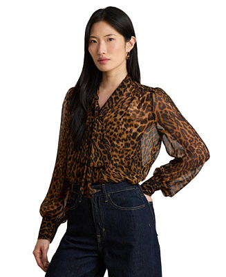 Women's Ocelot-Print Chiffon Tie-Neck Blouse | Macy's