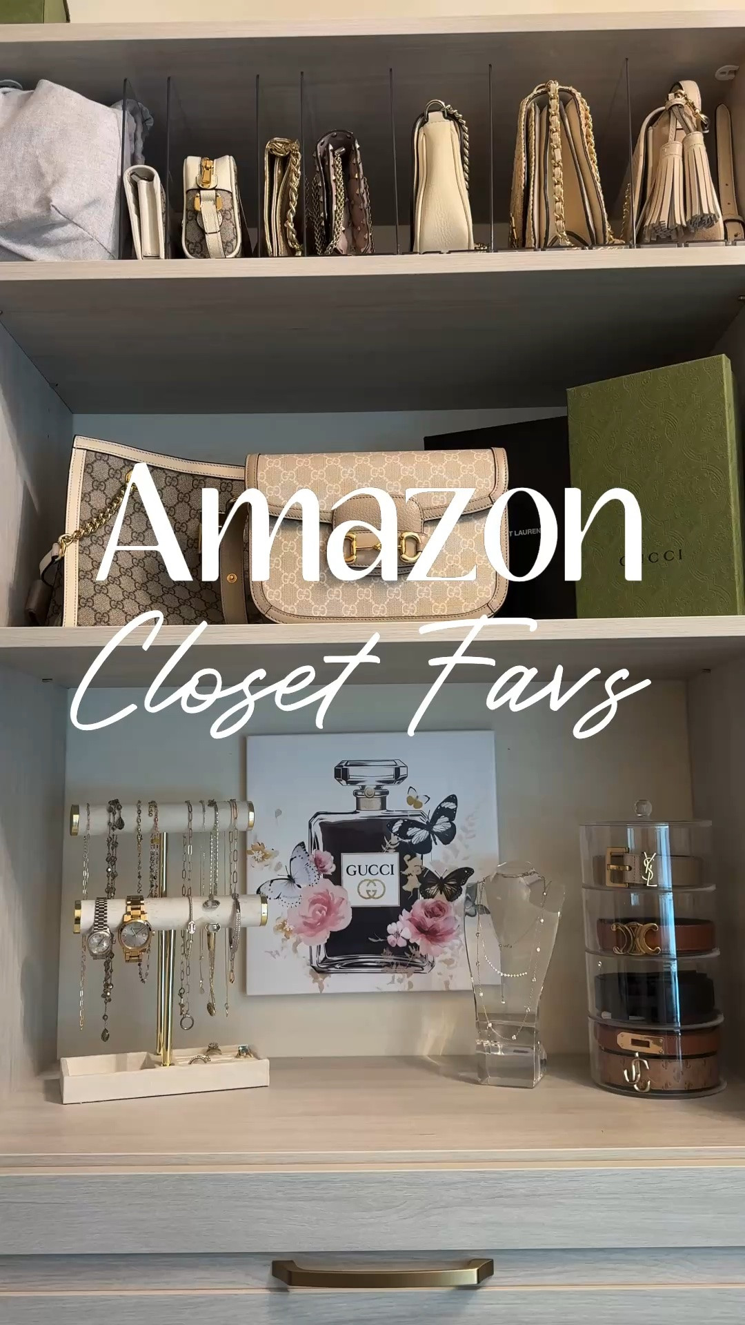 My Amazon closet favorites that make getting ready feel so much more organized and luxurious 🤍 From the acrylic purse organizer and velvet jewelry stand to the sleek belt organizer and chic designer-inspired Gucci art, these pieces instantly elevated my closet while keeping everything functional and beautiful. I love finding affordable organization and decor that makes a space feel custom, polished, and boutique inspired without the high-end price tag.

#LTKHome