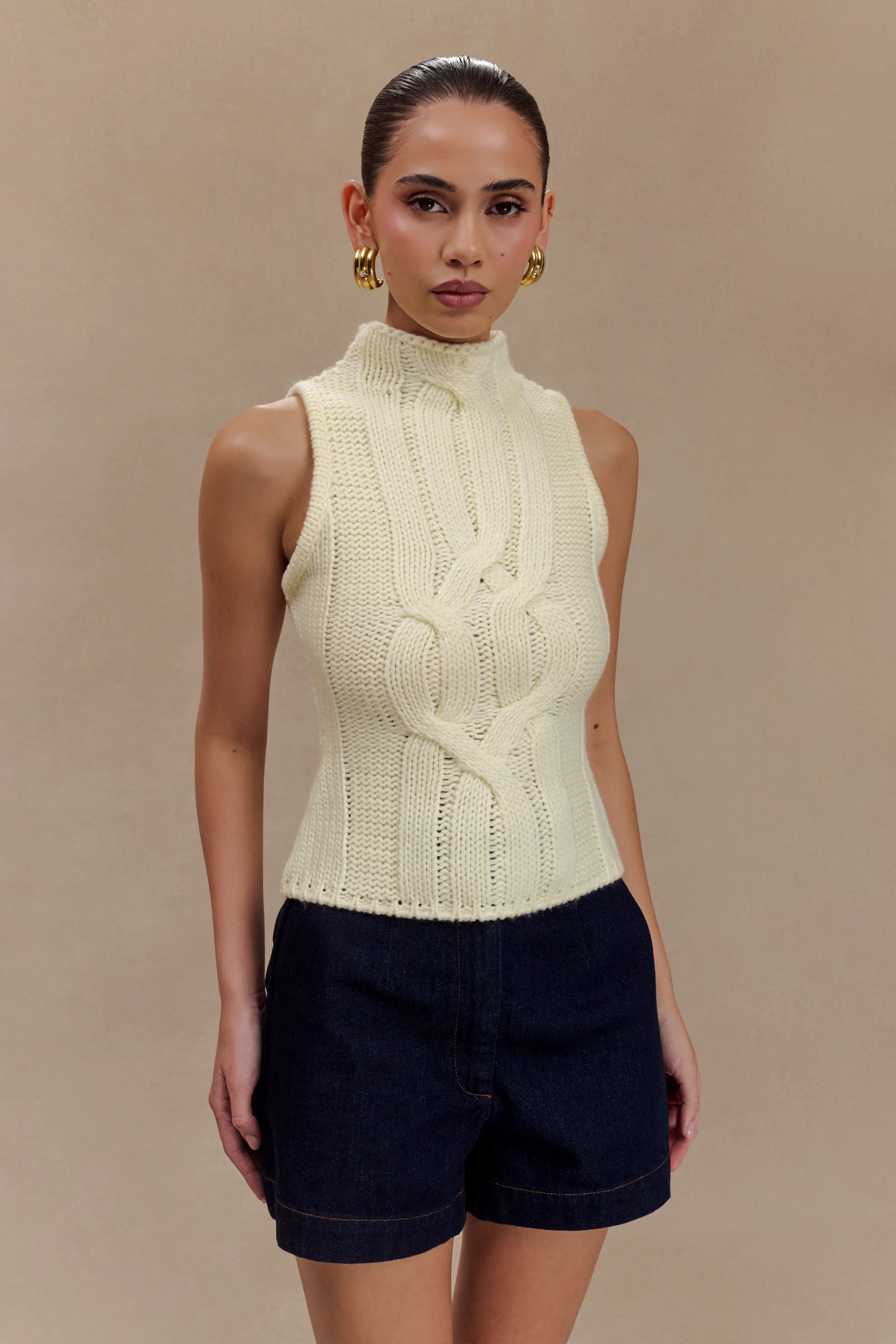 Roberta High Neck Cable Knit Top - Ivory | MESHKI US