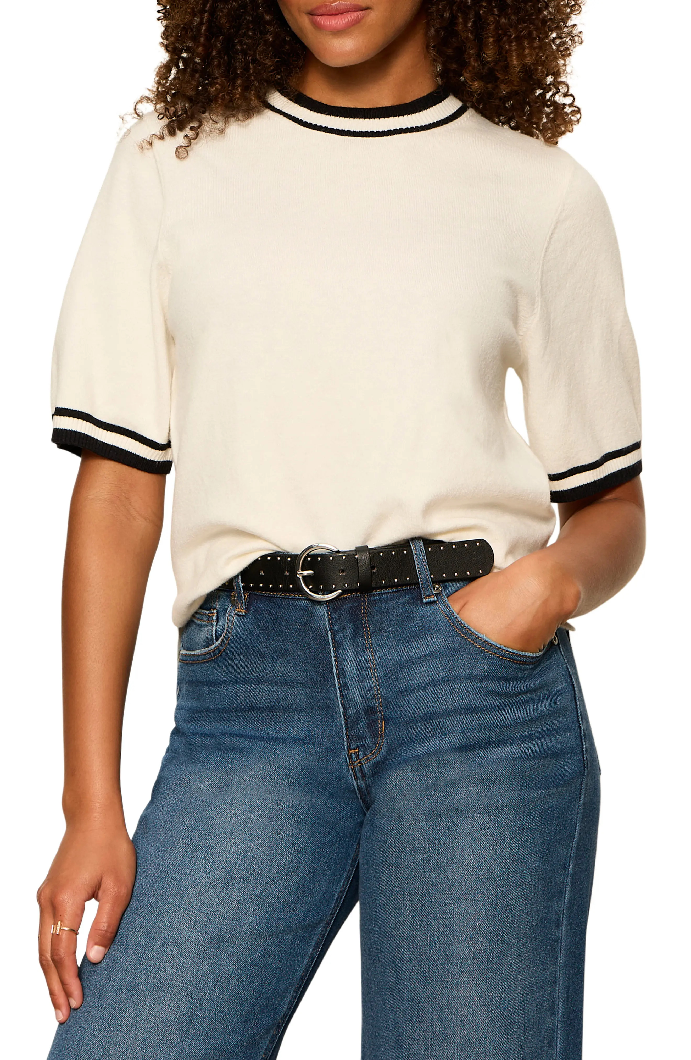 Sanctuary Perfect Tipped Short Sleeve Sweater in Blue Bird at Nordstrom, Size Xx-Small | Nordstrom