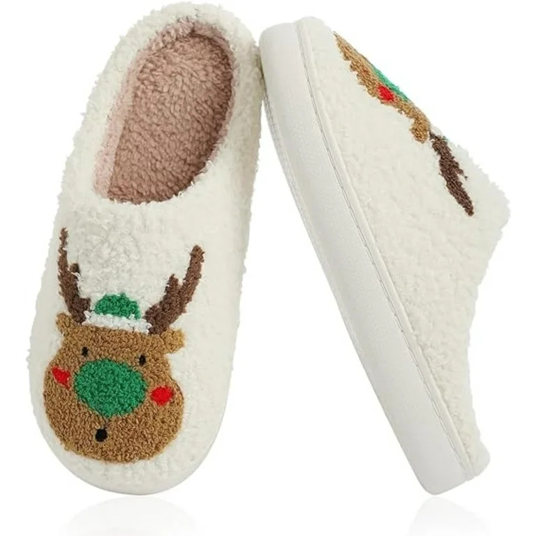 BERANMEY Christmas Reindeer Slippers for Womens Mens Plush Warm Santa Claus Slippers Fuzzy House ... | Walmart (US)