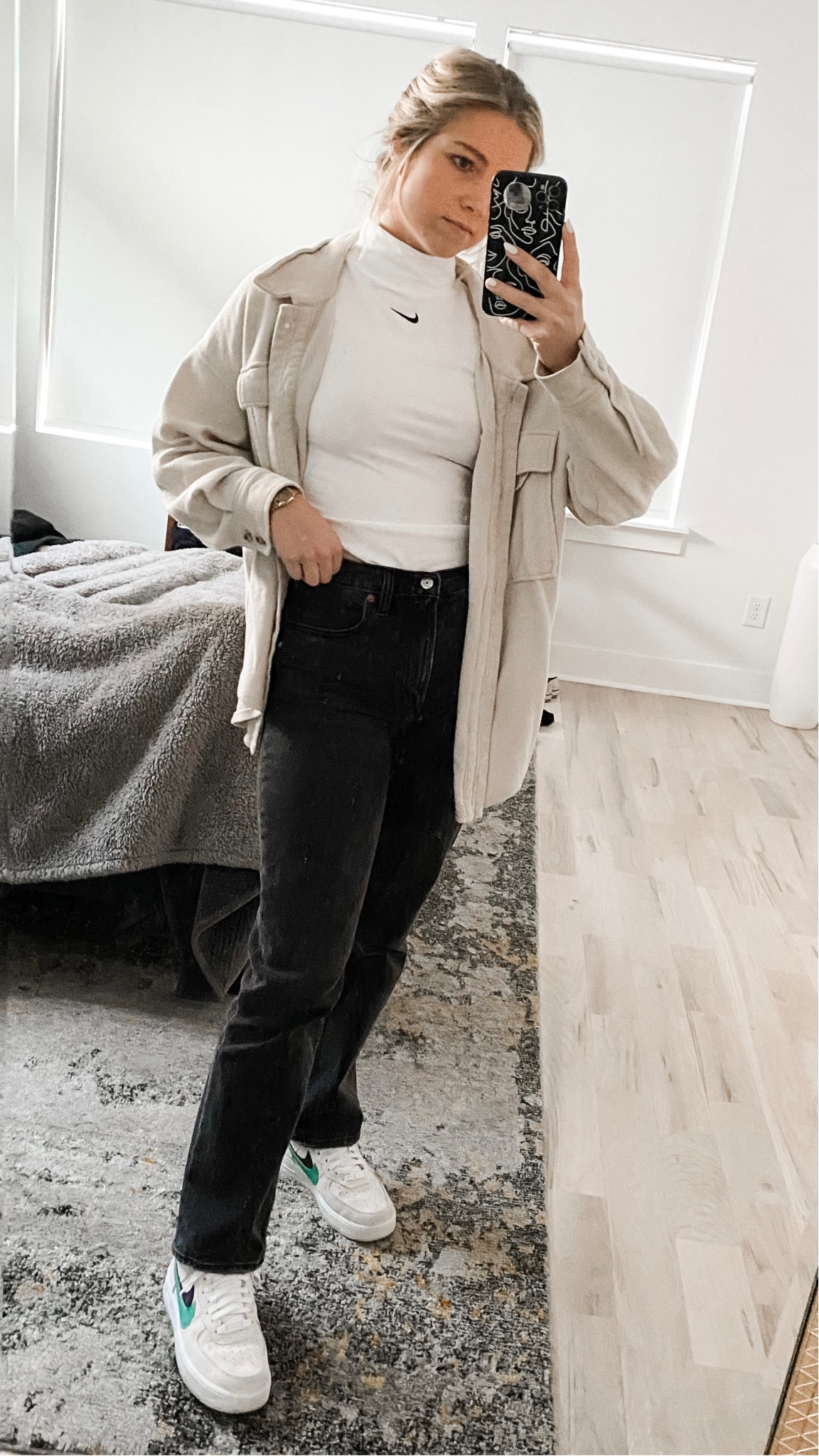 Long sleeve high neck Nike shirt with beige shacket and Abercrombie 90s straight jean (black) with vintage nike airforce one’s 

#LTKsalealert #LTKstyletip #LTKshoecrush