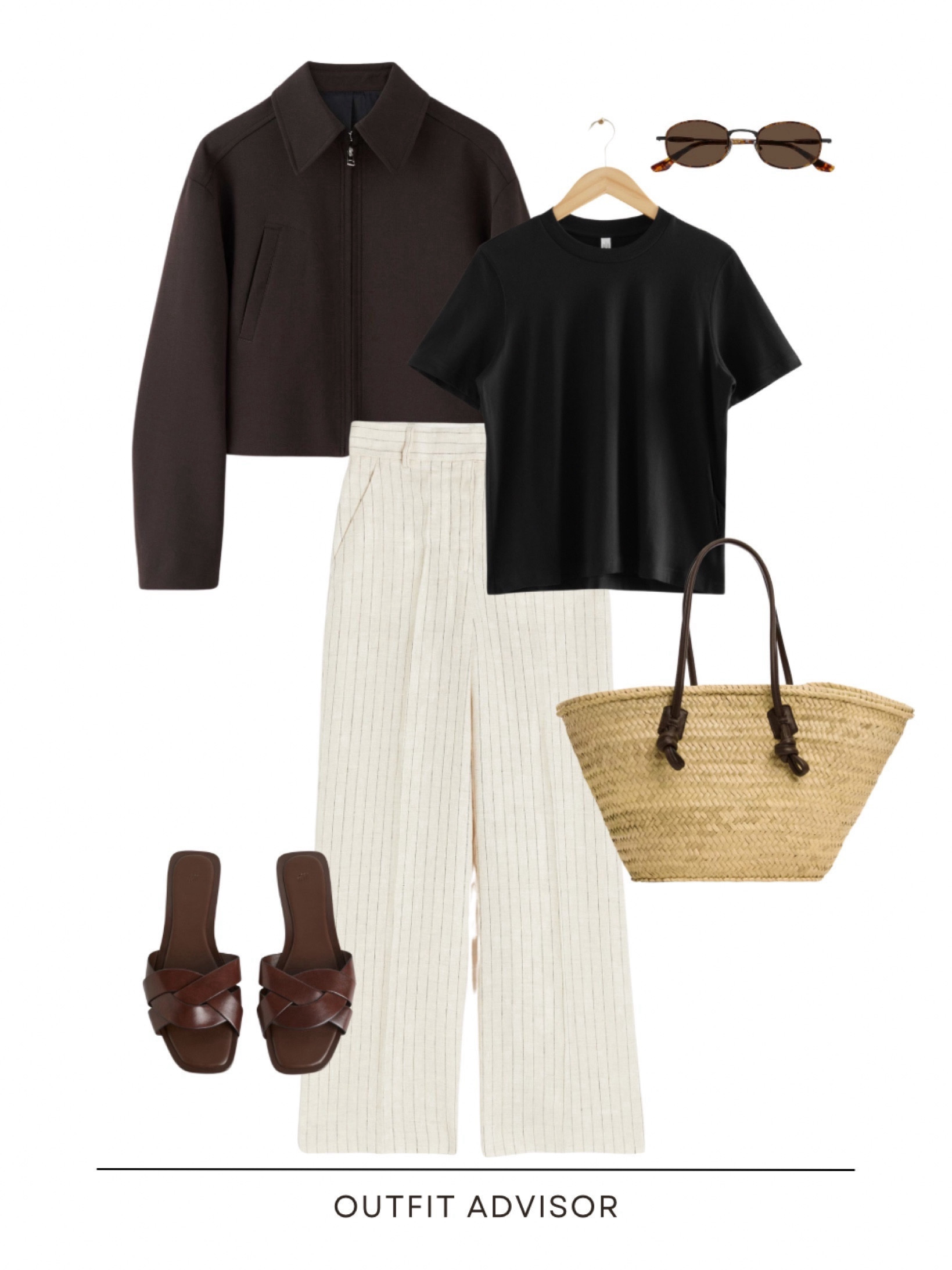 Spring outfit inspo: a brown jacket from Tiger of Sweden, a black tee, striped trousers, brown slip on sandals, sunglasses and a straw tote bag

#LTKmidsize #LTKitbag #LTKstyletip