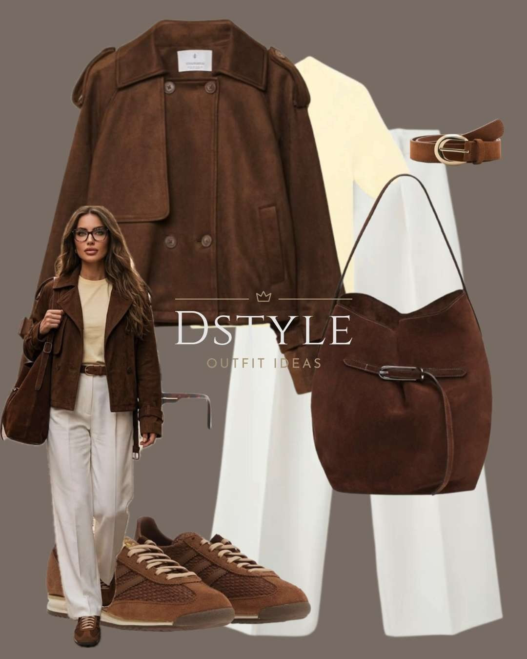 Chocolate Suede & Cream Trousers

Shop the Look:
Faux Suede Jacket: A textured layer in a warm chocolate brown.

Cream Wide-Leg Trousers: Sophisticated and versatile for year-round styling.

Suede Sneakers: Stay on-trend with these rich brown, athletic-inspired flats.

Oversized Suede Tote: The perfect "everything" bag for a polished daily look.

Gold Buckle Belt: A subtle accent to define the waist and tie the warm tones together.

tags: Suede Jacket Outfit, Brown and Cream Aesthetic, Spring Transitional Style, Minimalist Fashion, Casual Chic Outfits, Suede Accessories. 

 #LTKootd #LTKWorkwear