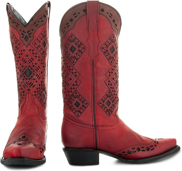 Soto Boots Women's Red and Black Inlay Snip Toe Cowgirl Boots, Inlay Cowgirl Boots For Women, Gen... | Amazon (US)