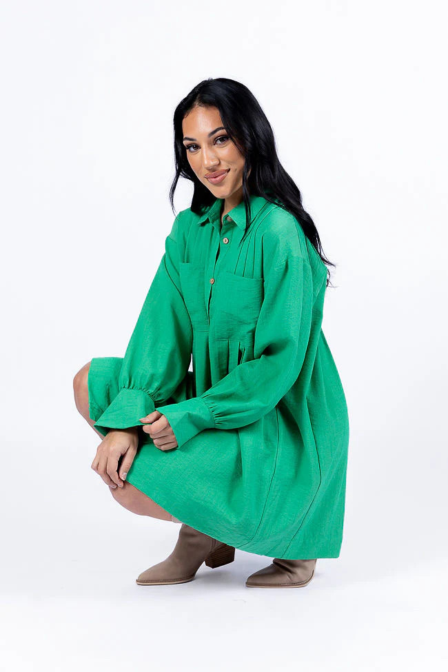 Write This Down Green Button Up Shirt Dress | Pink Lily