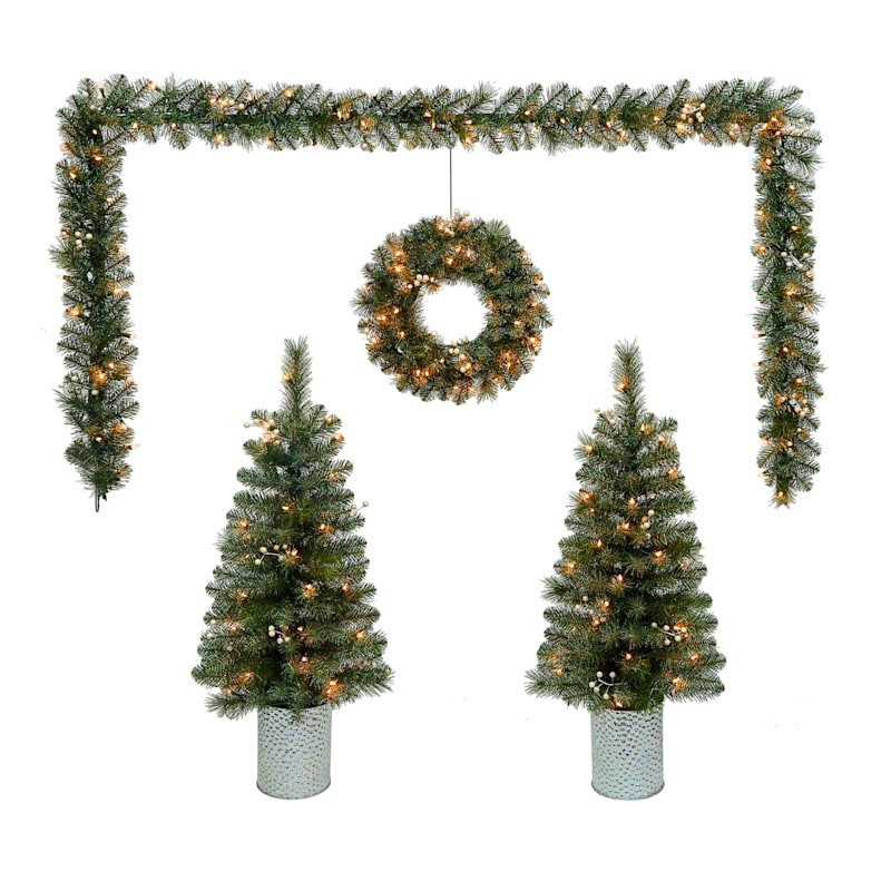 (A2) Pre-Lit 5-Piece Frosted Pine Entryway Trees with Garland & Wreath | At Home
