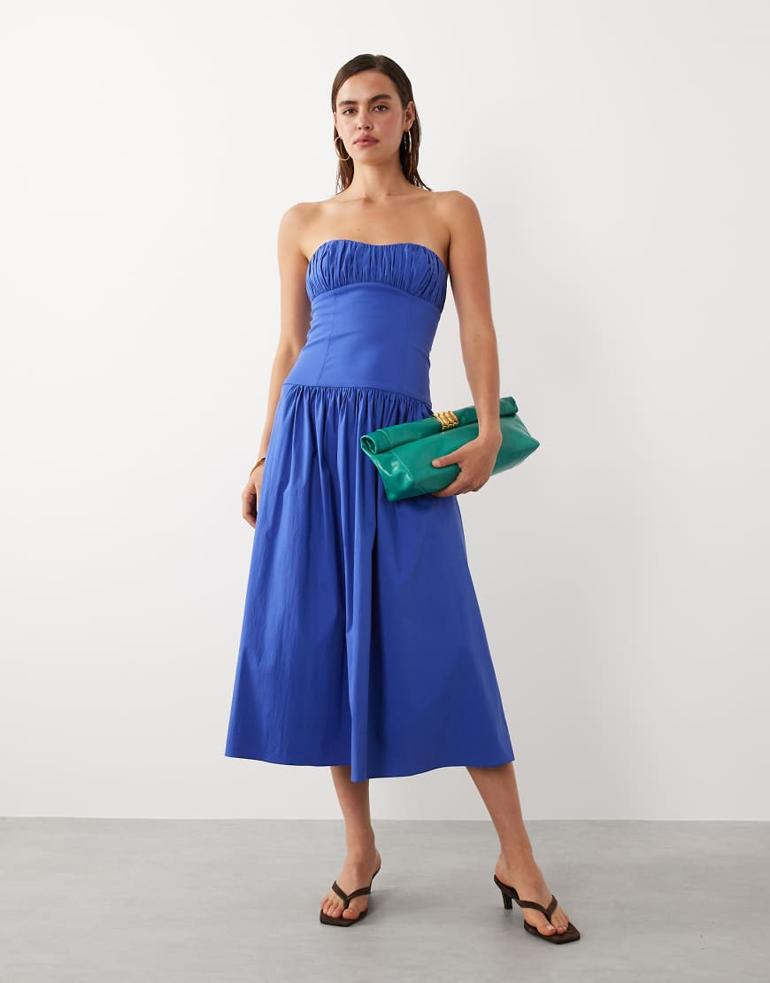 Mango starring Hailey Bieber structured off shoulder drop waist maxi dress in electric blue | ASOS (Global)