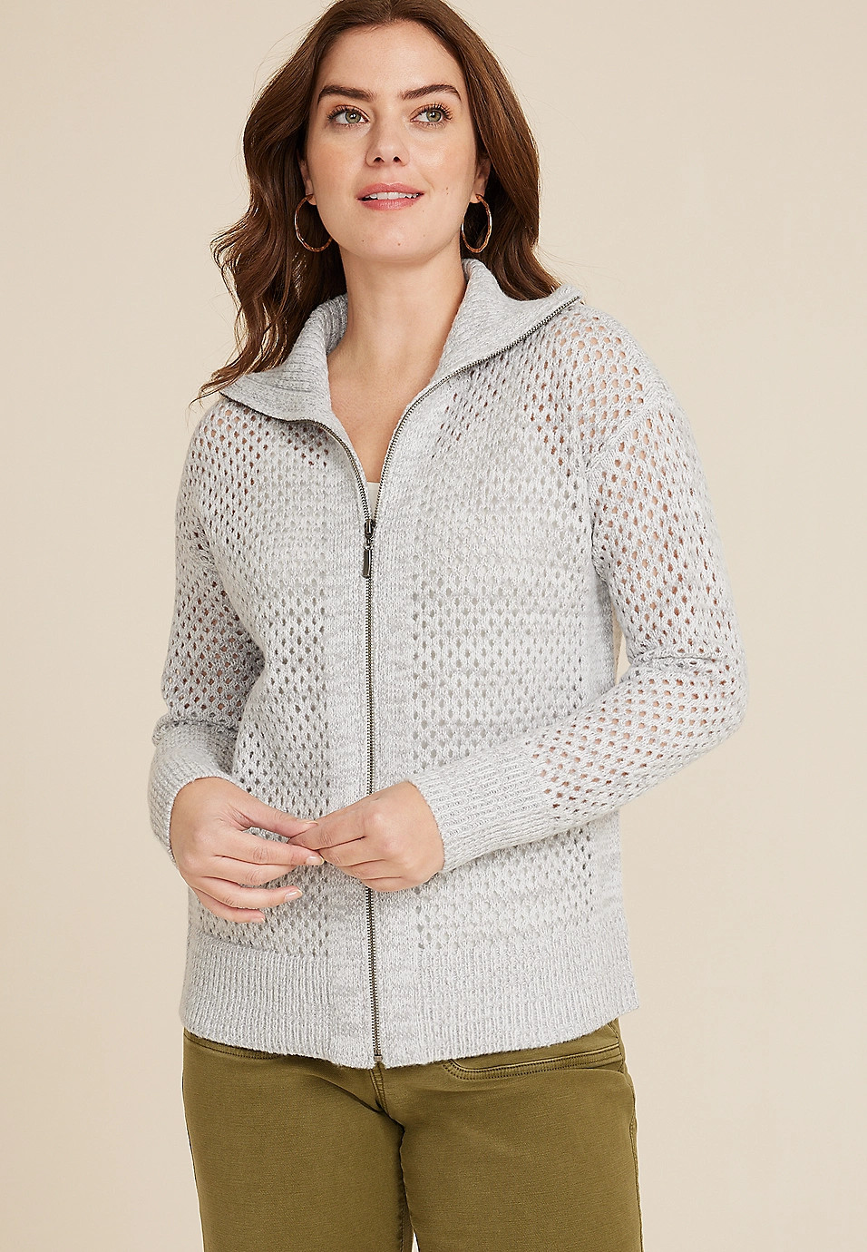 Open Stitch Zip Up Cardigan | Maurices