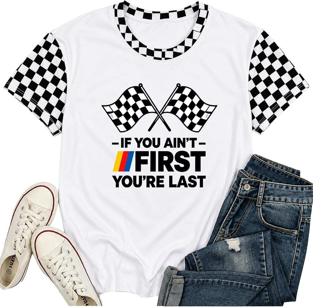 Start Your Engines Shirt for Women Racing Car Checkered Graphic Tees | Amazon (US)