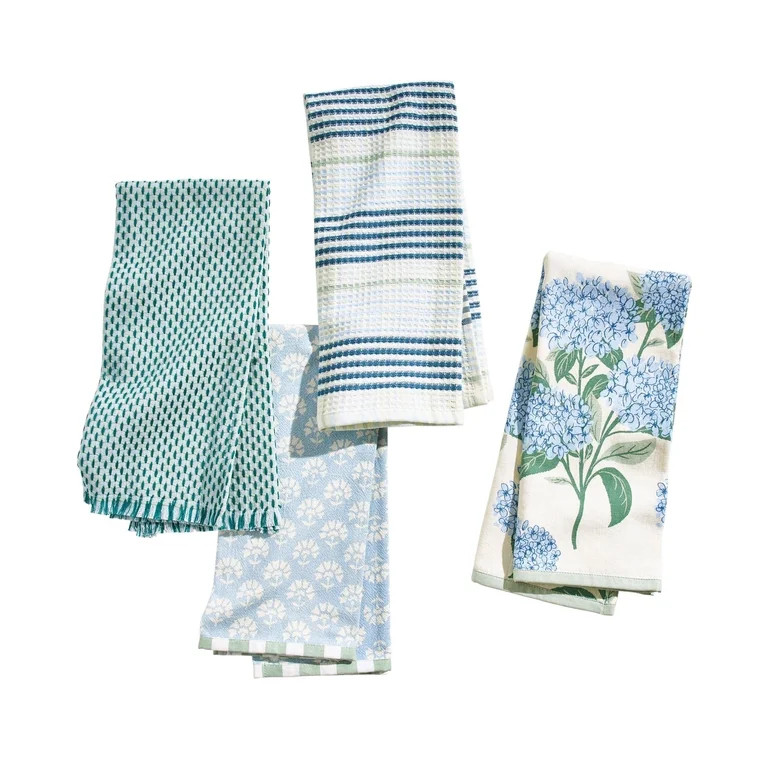 Beautiful Home by Drew Barrymore Floral Trellis Kitchen Towel Set, 4 Piece, Blue, 18" x 28" | Walmart (US)