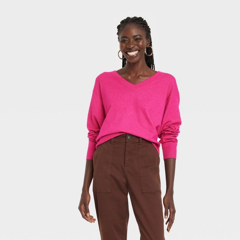 Women&#39;s Fine Gauge V-Neck Sweater - A New Day&#8482; Magenta M | Target
