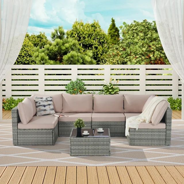 7 Pieces Outdoor Furniture Set, Modern Multi-Functional Rattan Sofa Set with Coffee Table and Cus... | Walmart (US)