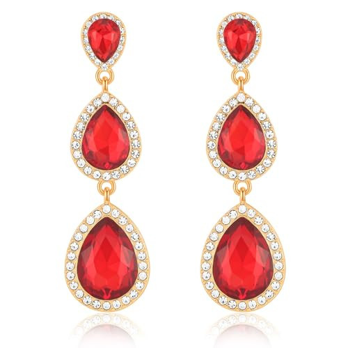 Red Rhinestone Teardrop Dangle Earrings Vintage Crystal Long Chandelier Drop Earrings for Wedding Prom Costume | Amazon (US)