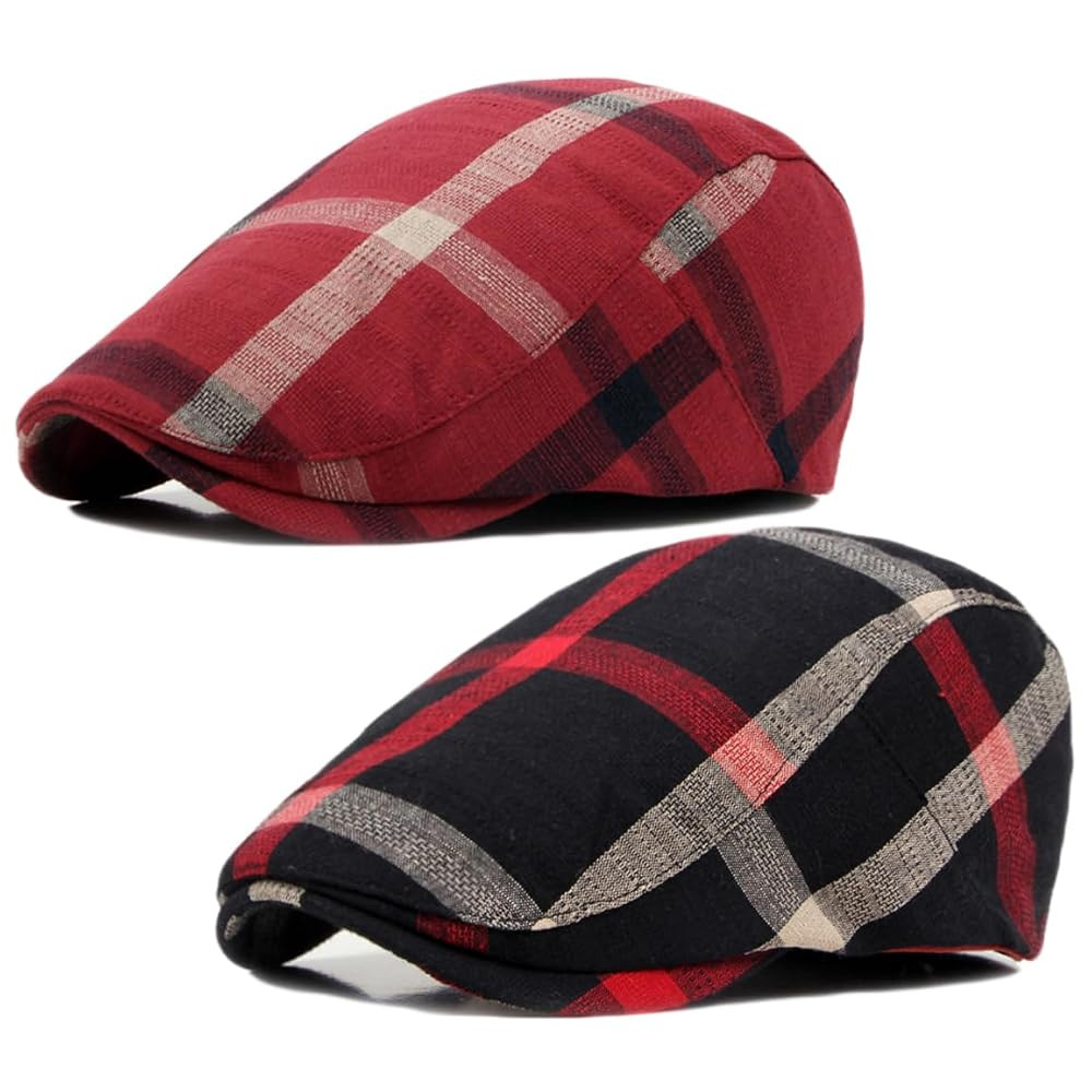 2 Pack Men's Newsboy Flat Cap Adjustable Plaid Ivy Gatsby Cabbie Driving Golf Hat Beret | Amazon (US)