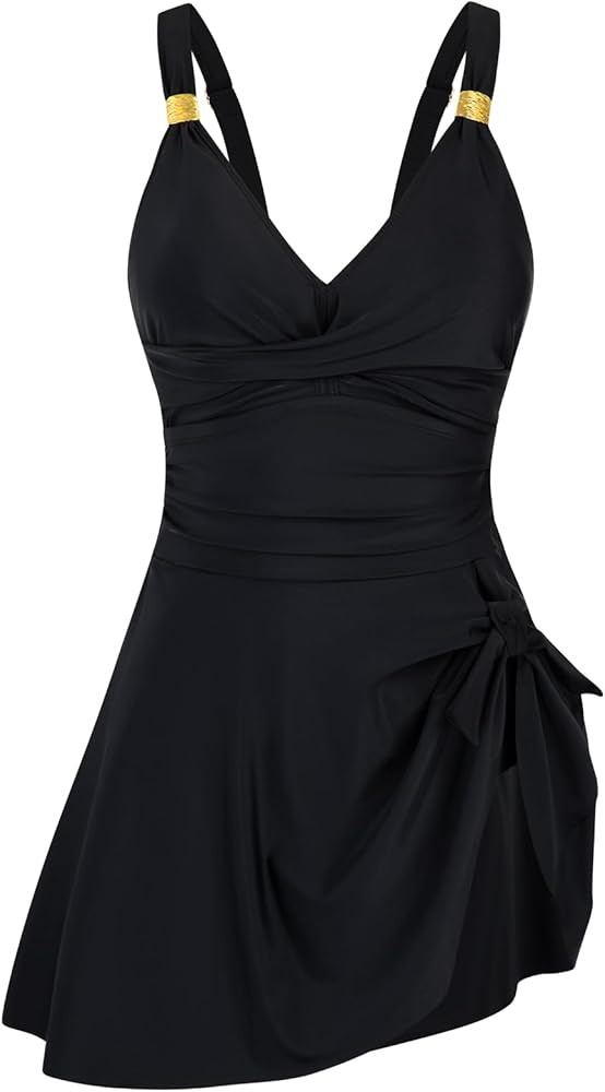 HUSKARY Women Swimsuit One Piece Tummy Control Swimdress Full Coverage Flowy Bathing Suits Gold M... | Amazon (US)