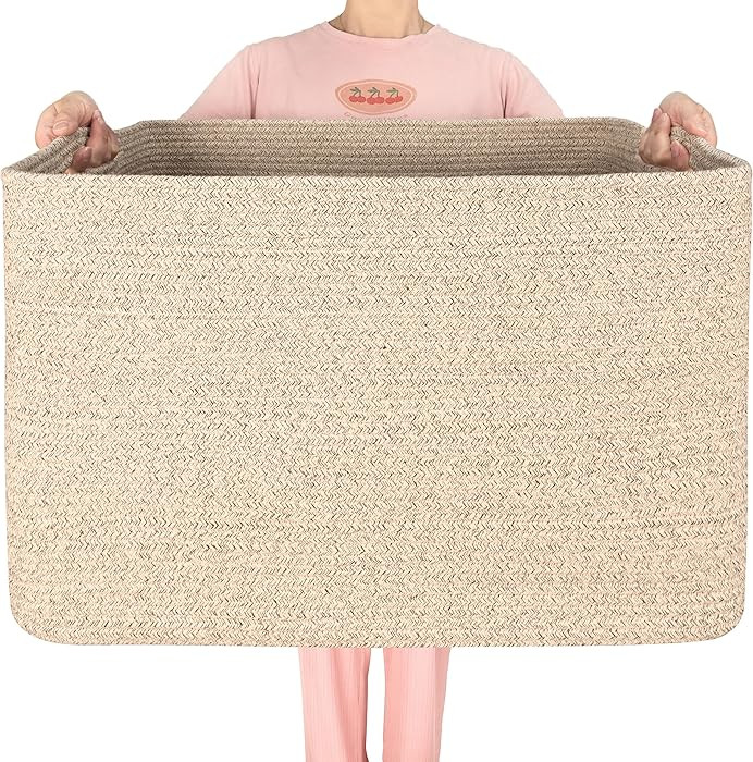 MINTWOOD Design 112L Extra Large Blanket Basket Holder Living Room, 25"x17"x16" Rectangle Rope Wo... | Amazon (US)
