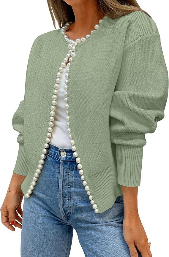 ZESICA Women's Open Front Cardigan Sweater 2026 Spring Casual Knitted Long Sleeve Pearls Trim Out... | Amazon (US)