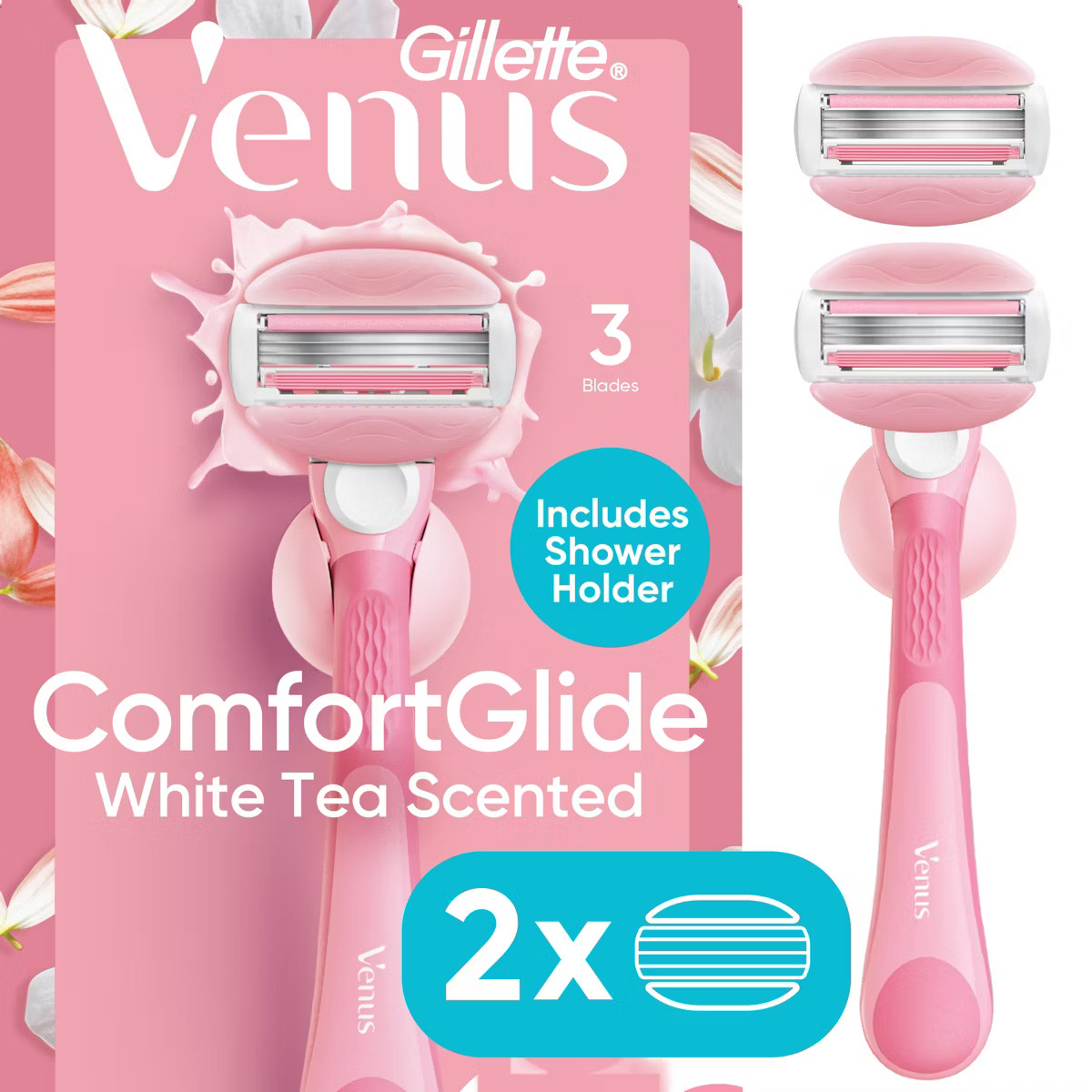 Venus ComfortGlide White Tea Women's Razor Handle, 2 Razor Blade Refills and Shower Holder | Target
