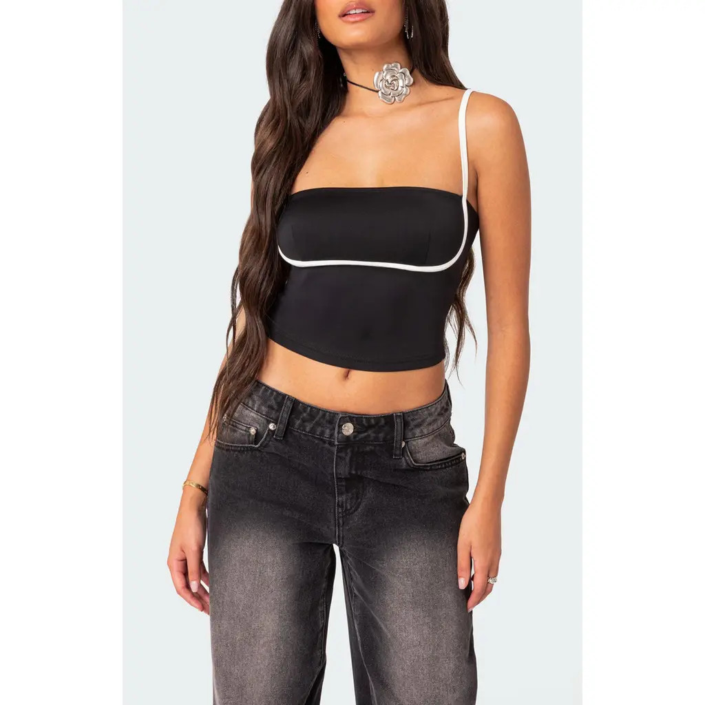 EDIKTED Yang Contrast Strap Crop Camisole in Black-And-White at Nordstrom, Size Small | Nordstrom