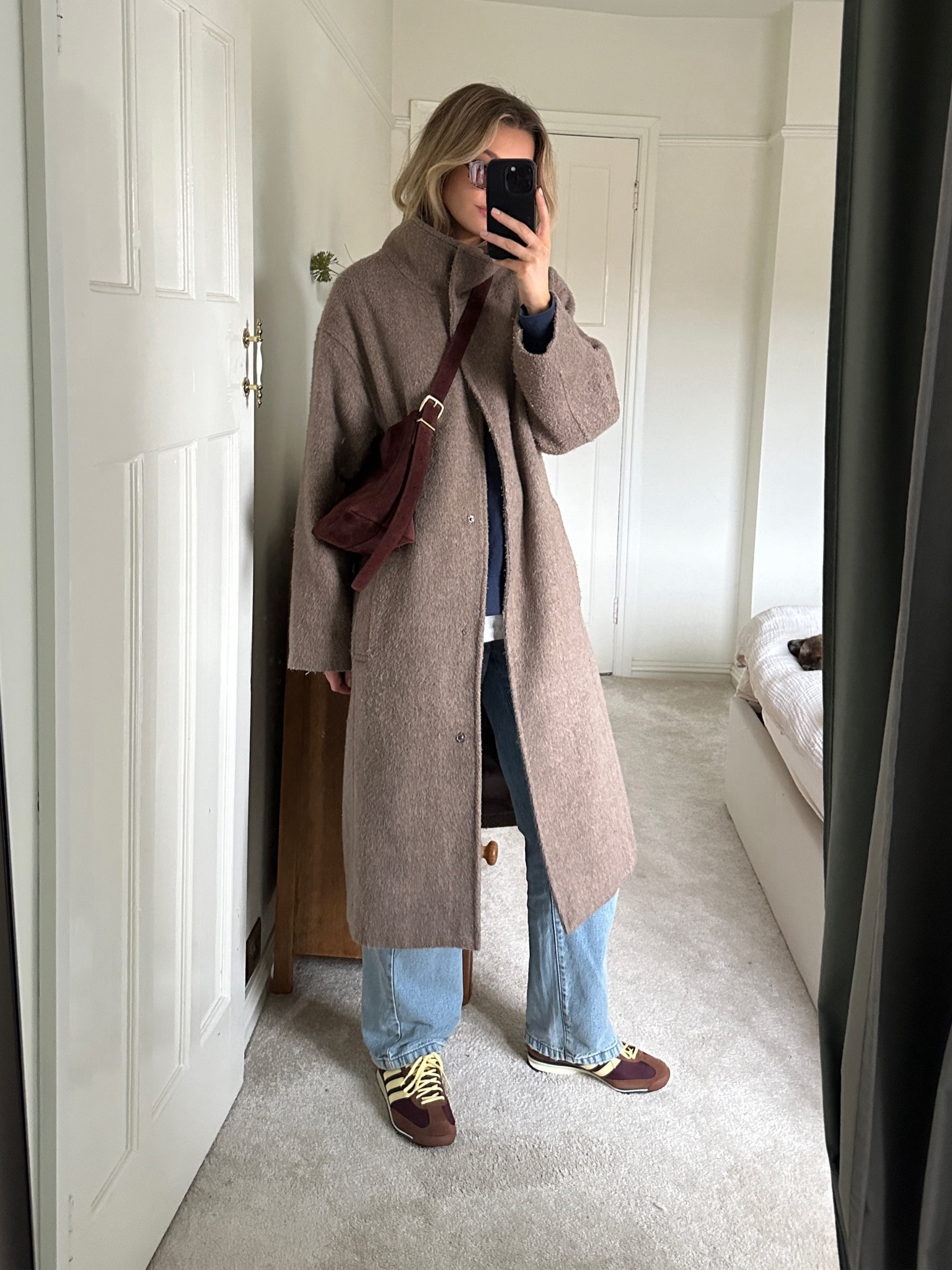 Adidas trainers, adidas SL72, blue jeans, wide leg jeans, CottonOn, COS, ASOS, Madewell, burgundy bag, red bag, wool coat, long coat, brown coat, sunglasses 

#LTKSeasonal #LTKeurope #LTKshoecrush