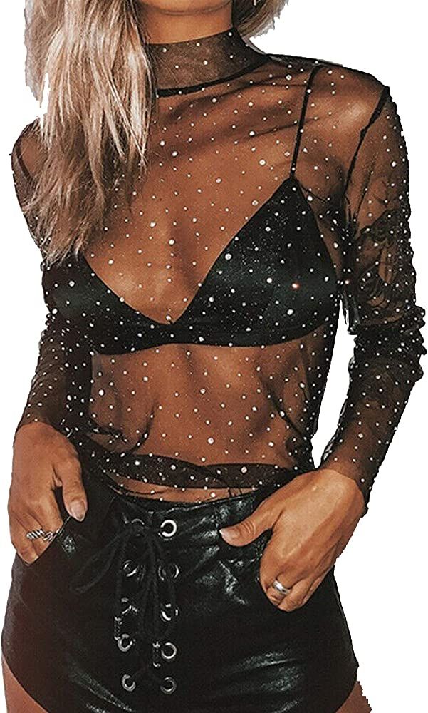 Women Y2K Sexy See Through Shirts Mesh Sheer Tops Long Sleeve Slim Fit Layering Top Blouse E Gril... | Amazon (US)