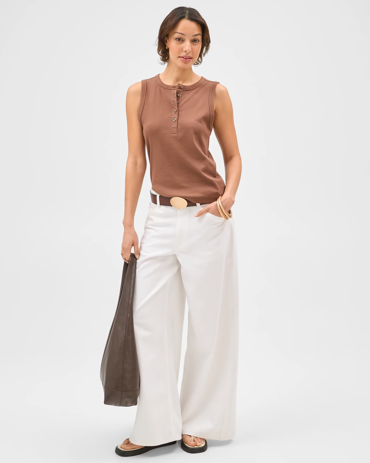 Australian Cotton Henley Neck Rib Tank Top - Cocoa Brown | Target AU