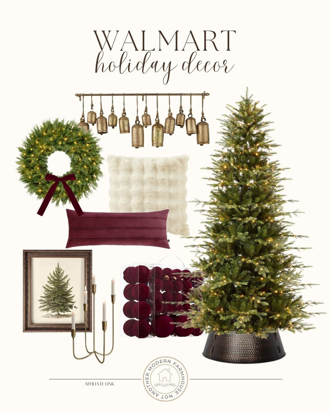 Walmart classic Christmas decor 🎄 holiday decorating, Christmas realistic tree, ornaments, pillows, wreath, red bow, gold bells, tree art, candle holder, affordable neutral home decor.
 

 #LTKHoliday #LTKHome #LTKFindsUnder50