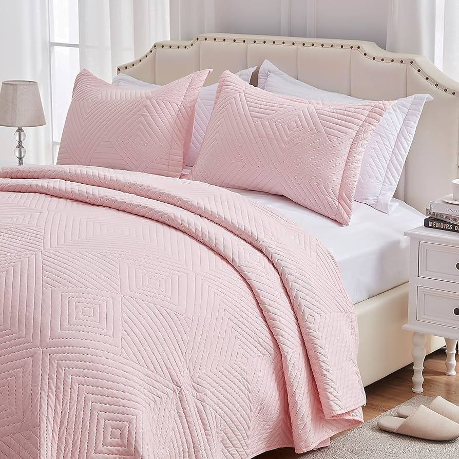 SunStyle Home Quilt Set 3 Pieces King Quilt Set Light Pink Soft Microfiber Bedspreads King Size L... | Amazon (US)