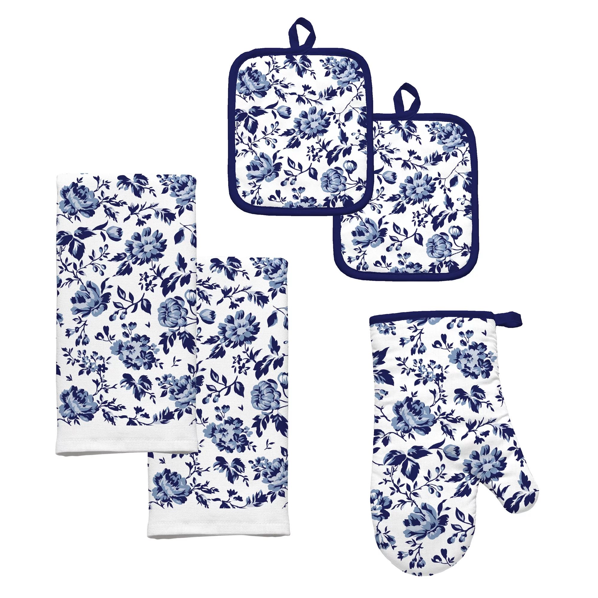 Mainstays Cotton Kitchen Towels, Pot Holders, and Oven Mitt Set, Floral Blooms, Navy, 5-Piece - W... | Walmart (US)