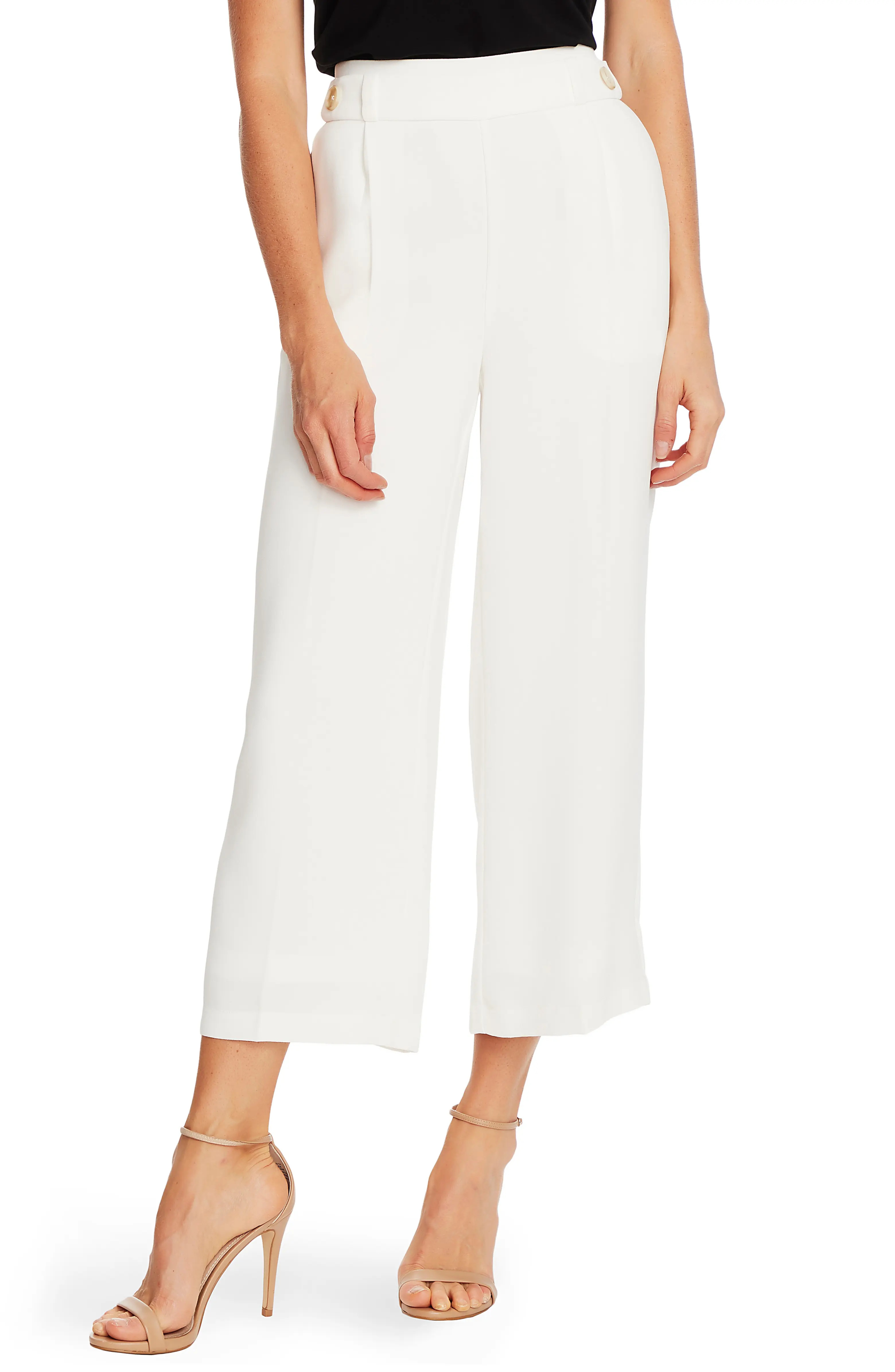 Button Detail Crop Wide Leg Crepe Trousers | Nordstrom