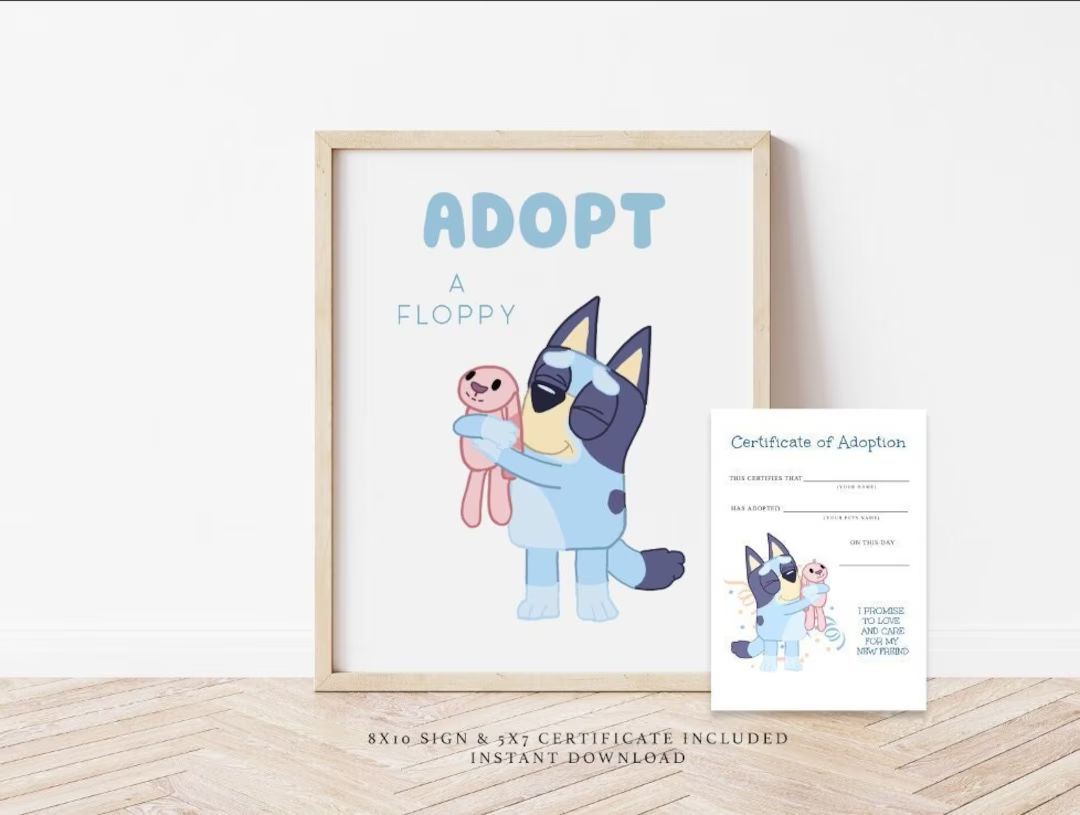 Adopt a Floppy, Certificate of Adoption, Bluey and Bingo Party, Dog Birthday Theme, Modern Minima... | Etsy (US)