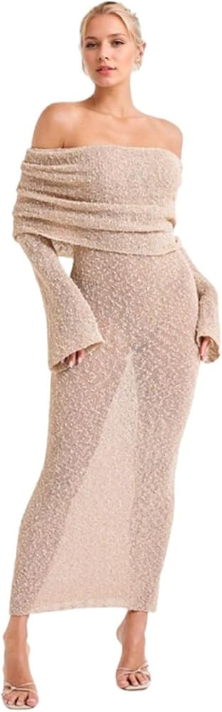 CUTEGAL Women's Off Shoulder Maxi Dress Long Sleeve Bodycon Knit Crochet Mesh Sweater Sexy Vacati... | Amazon (US)